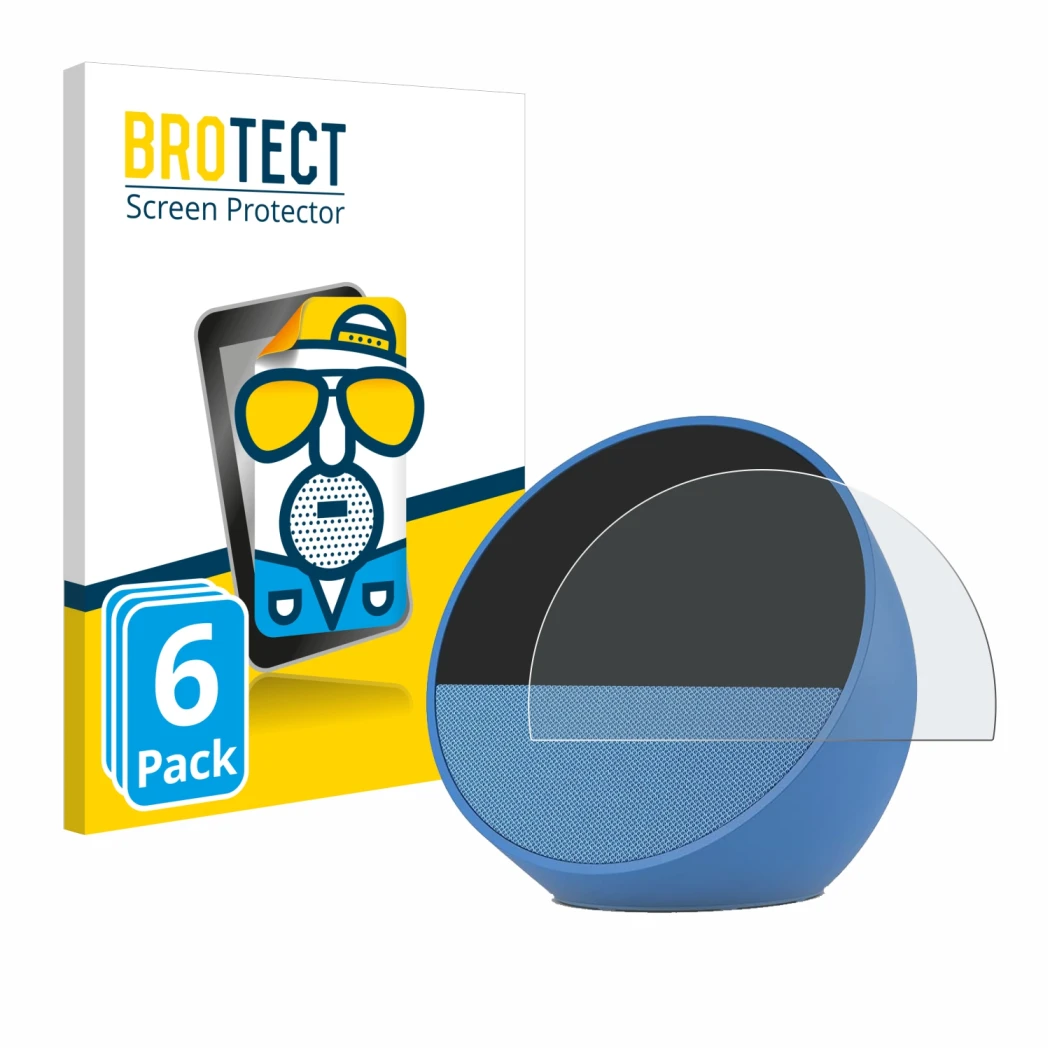 Front side of a product packaging with the brand logo BROTECT. Next to it is the device Amazon Echo Spot 2024 shown with the c