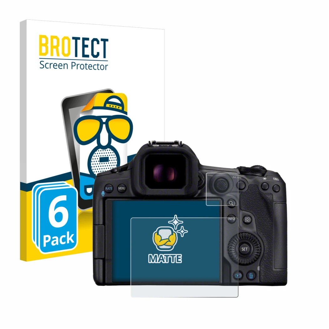 Front side of a product packaging with the brand logo BROTECT. Next to it is the device Canon EOS R5 Mark II shown with the co