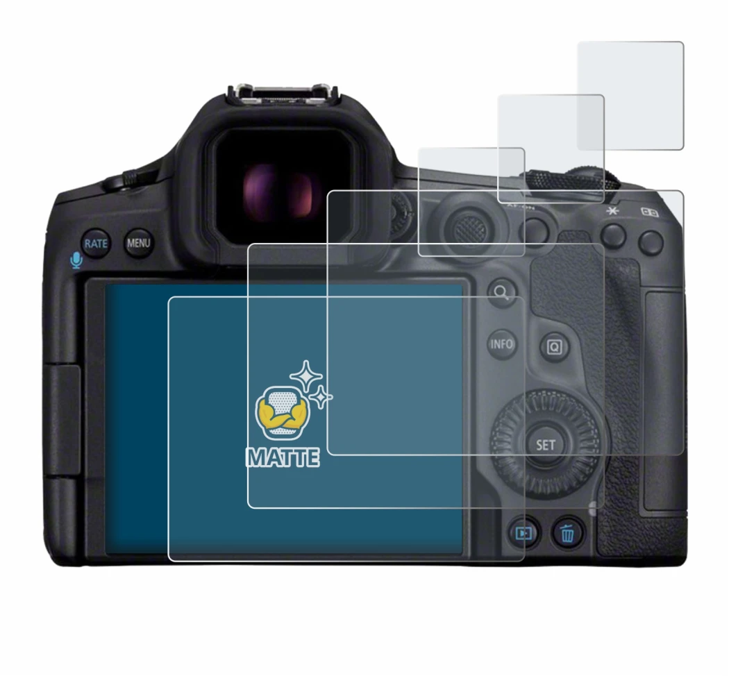 Image of the device Canon EOS R5 Mark II with a wide variety of screen protectors.