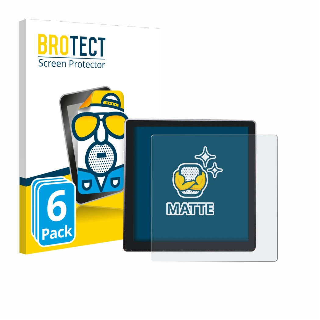 Front side of a product packaging with the brand logo BROTECT. Next to it is the device Shelly Wall Display shown with the cor