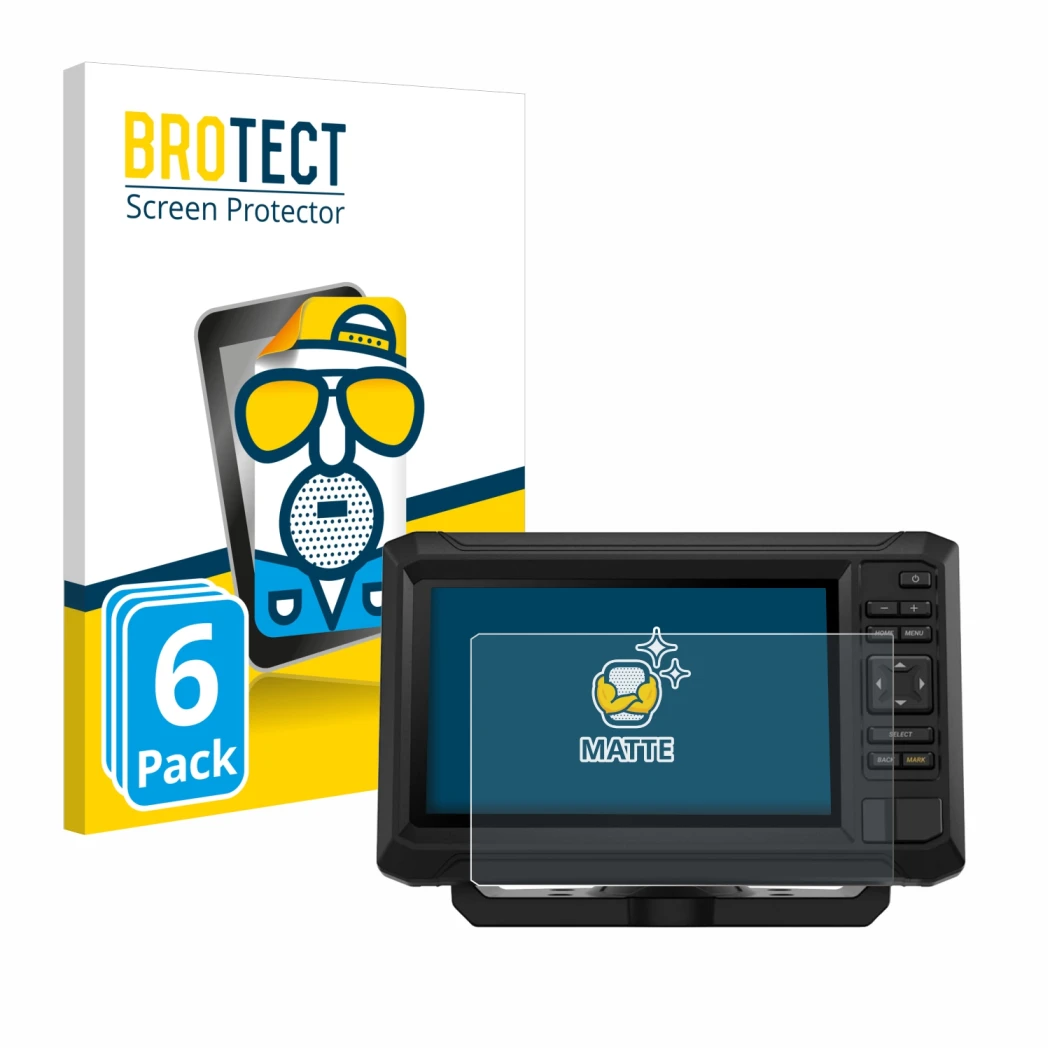 Front side of a product packaging with the brand logo BROTECT. Next to it is the device Garmin ECHOMAP UHD2 7