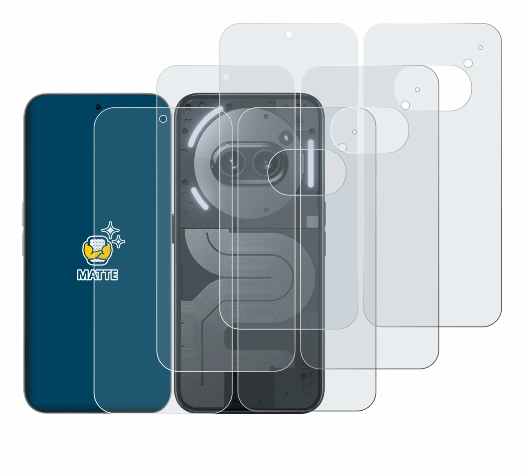 Image of the device Nothing Phone (2a) Plus (Front+Back) with a wide variety of screen protectors.