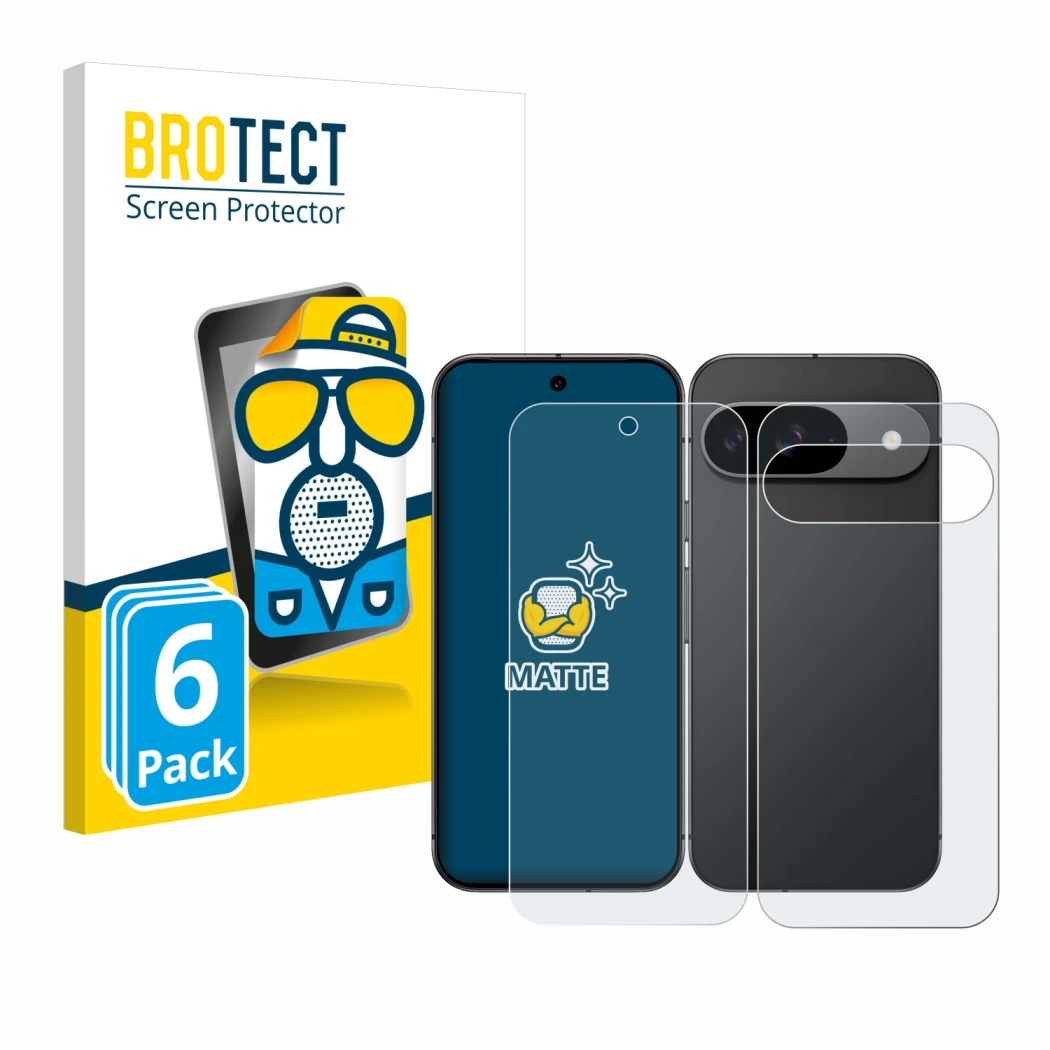 Front side of a product packaging with the brand logo BROTECT. Next to it is the device Google Pixel 9 (Front+Back) shown with