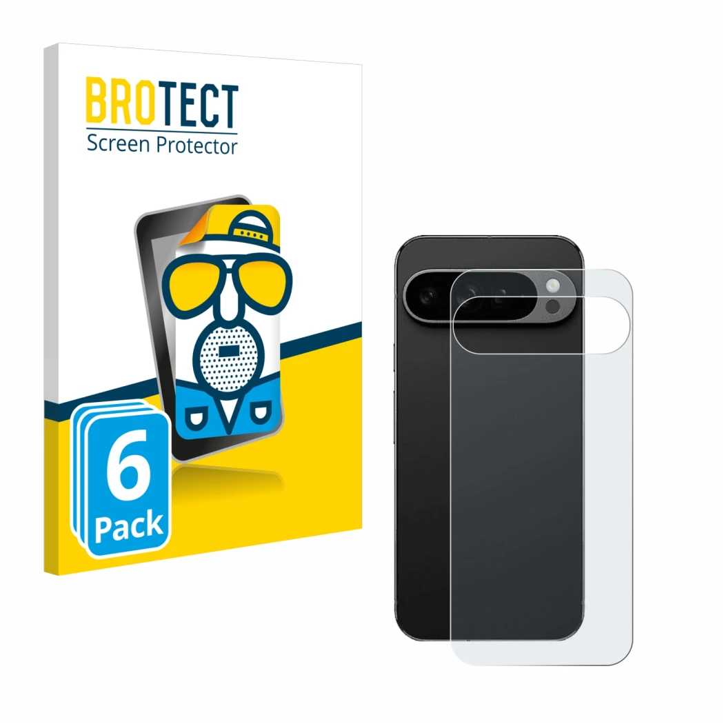 Front side of a product packaging with the brand logo BROTECT. Next to it is the device Google Pixel 9 Pro XL (Back) shown wit