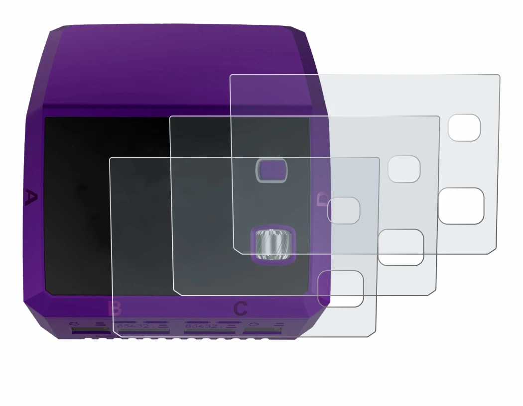 Image of the device SkyRc Q200 neo with a wide variety of screen protectors.