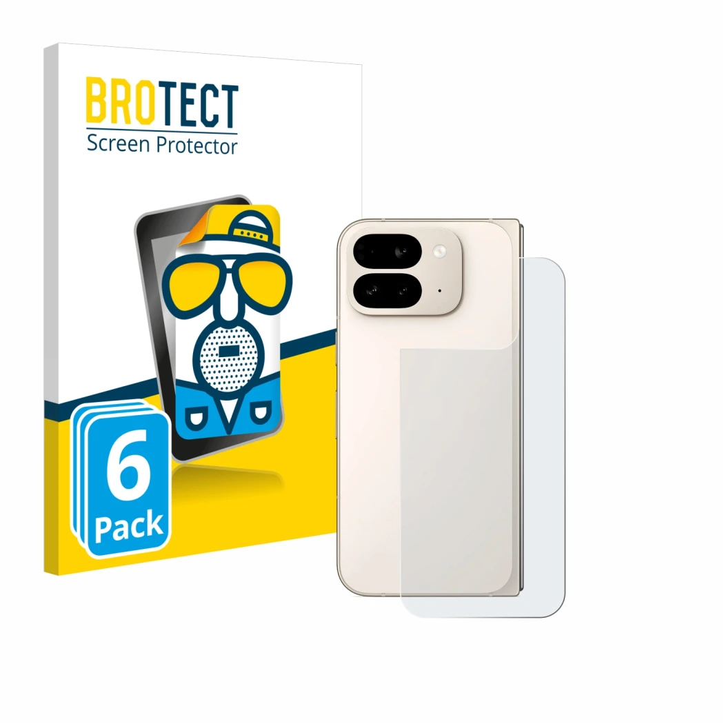 Front side of a product packaging with the brand logo BROTECT. Next to it is the device Google Pixel 9 Pro Fold (Back) shown w