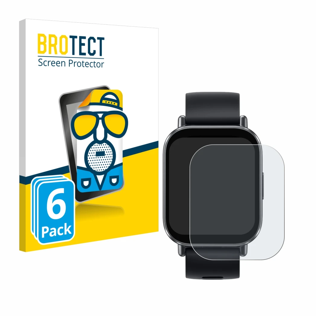 Front side of a product packaging with the brand logo BROTECT. Next to it is the device Xiaomi Redmi Watch 5 Active shown with