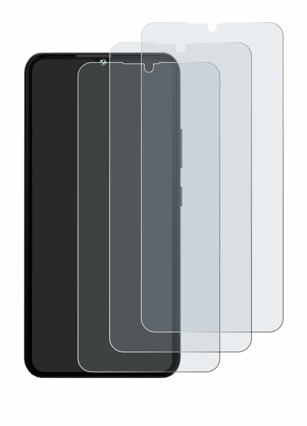 Image of the device Cubot A10 with a wide variety of screen protectors.