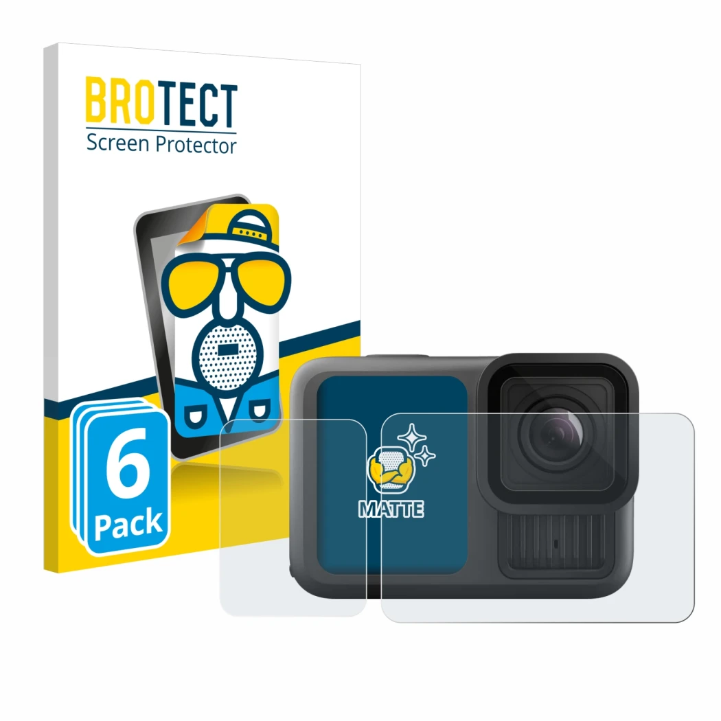 Front side of a product packaging with the brand logo BROTECT. Next to it is the device GoPro Hero 13 Black shown with the cor