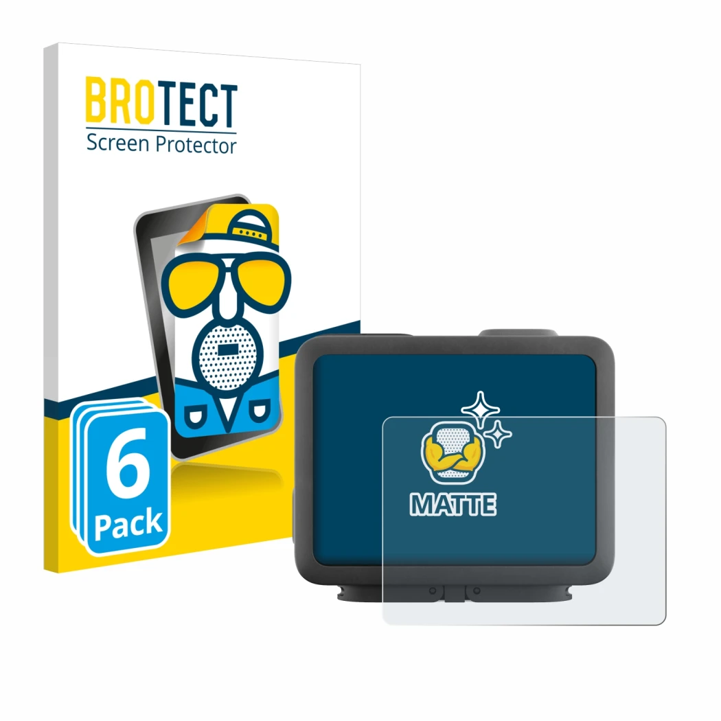 Front side of a product packaging with the brand logo BROTECT. Next to it is the device GoPro Hero 4k shown with the correspon