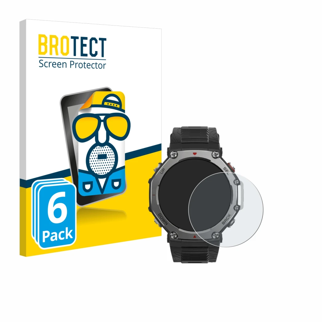 Front side of a product packaging with the brand logo BROTECT. Next to it is the device Huami Amazfit T-Rex 3 shown with the c