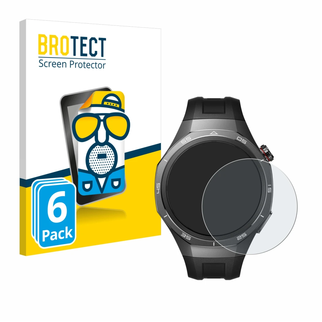 Front side of a product packaging with the brand logo BROTECT. Next to it is the device Huawei Watch GT 5 Pro (46 mm) shown wi
