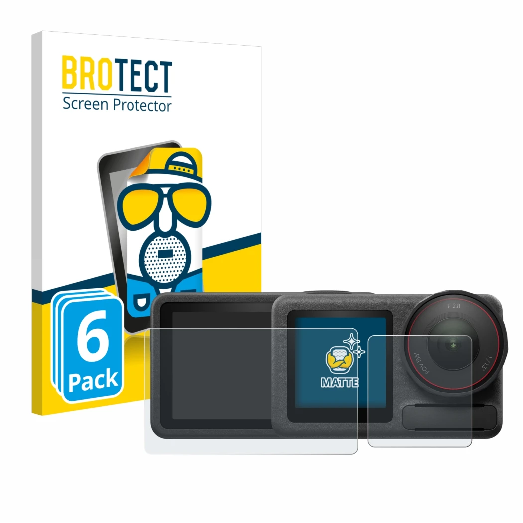 Front side of a product packaging with the brand logo BROTECT. Next to it is the device DJI Osmo Action 5 Pro shown with the c