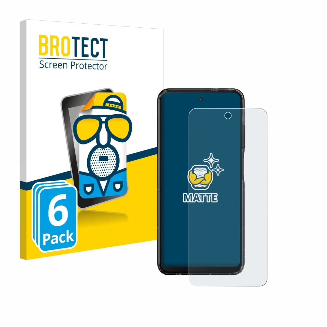 Front side of a product packaging with the brand logo BROTECT. Next to it is the device HMD Fusion shown with the correspondin