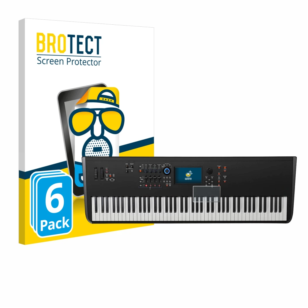 Front side of a product packaging with the brand logo BROTECT. Next to it is the device Yamaha MODX8+ shown with the correspon