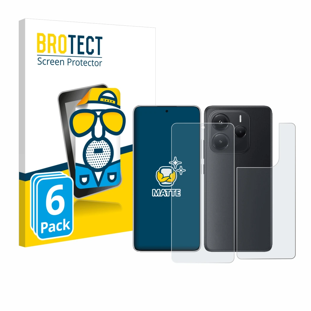 Front side of a product packaging with the brand logo BROTECT. Next to it is the device Xiaomi Redmi Note 14 (Front+Back) show