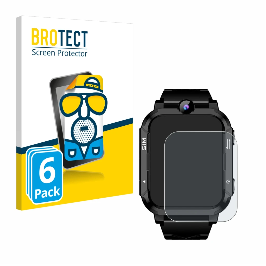 Front side of a product packaging with the brand logo BROTECT. Next to it is the device Blackview Z20 Kids Smartwatch shown wi