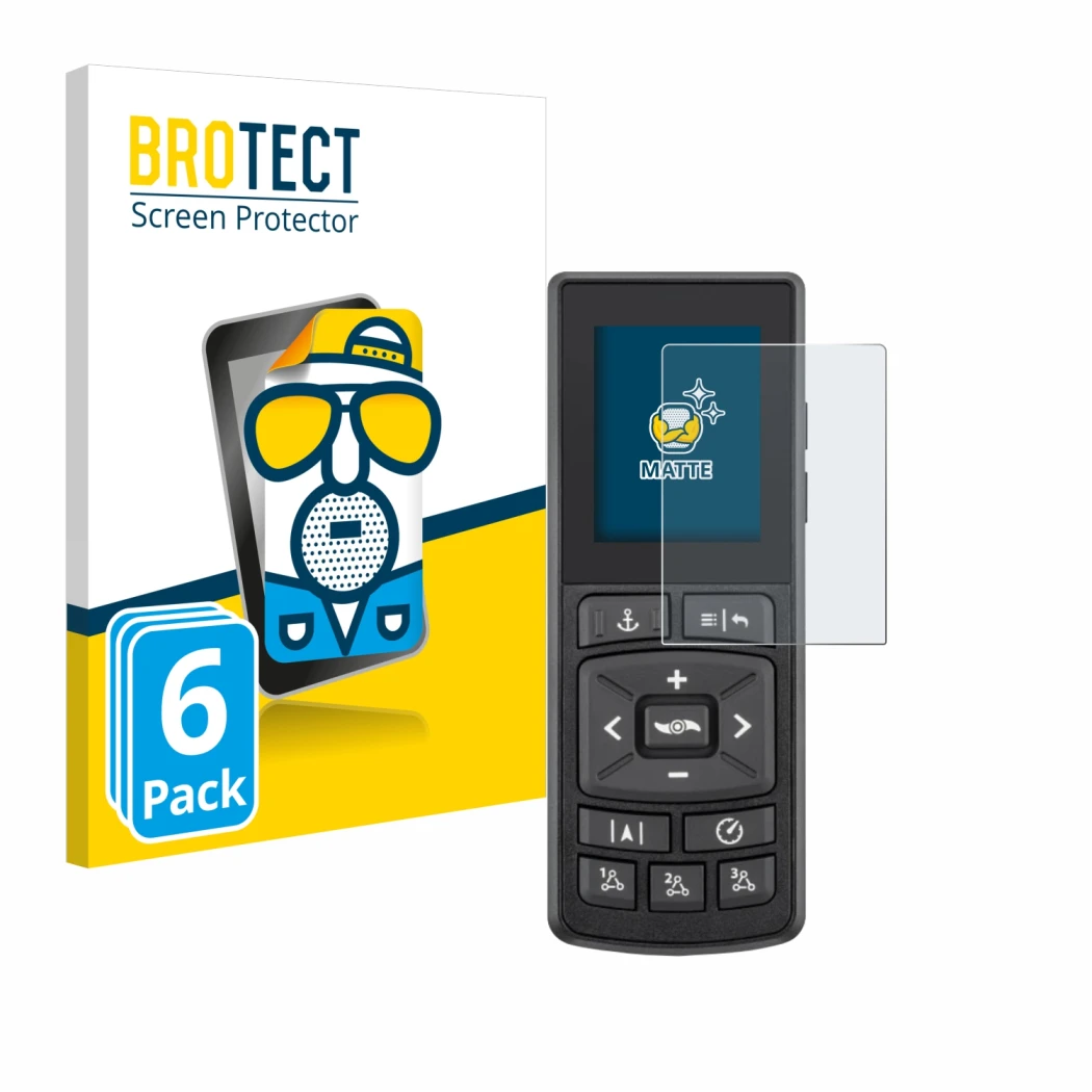 Front side of a product packaging with the brand logo BROTECT. Next to it is the device Minn Kota Advanced GPS Navigation show