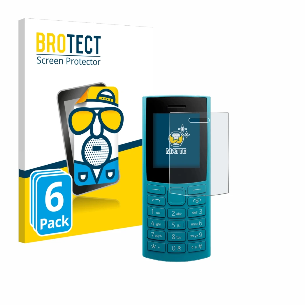 Front side of a product packaging with the brand logo BROTECT. Next to it is the device Nokia 105 4G 2nd Edition shown with th