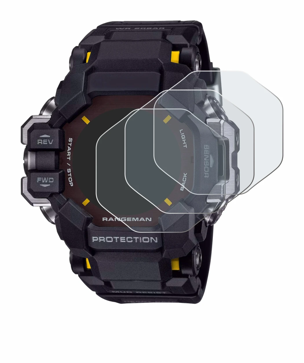 Image of the device Casio G-Shock GPR-H 1000 with a wide variety of screen protectors.