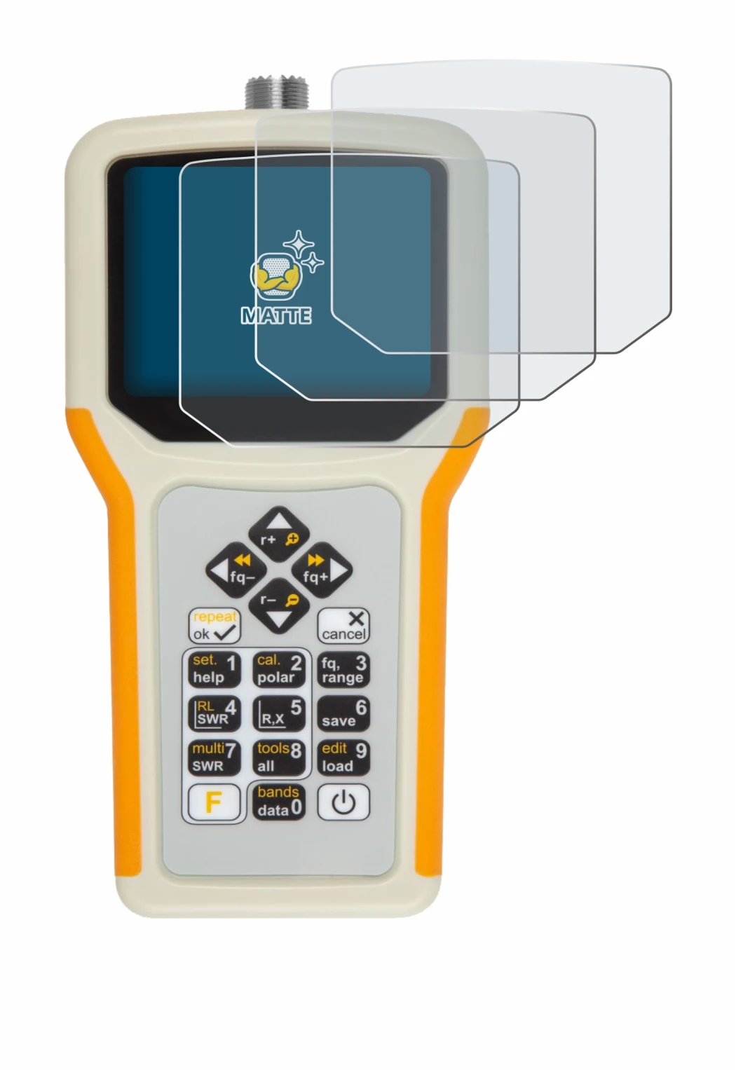 Image of the device RigExpert AA-55 Zoom with a wide variety of screen protectors.
