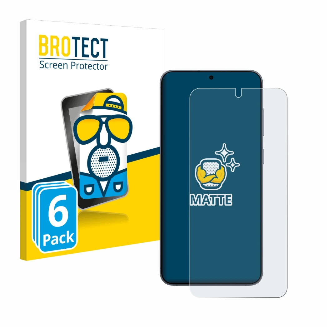Front side of a product packaging with the brand logo BROTECT. Next to it is the device Samsung Galaxy S25 shown with the corr