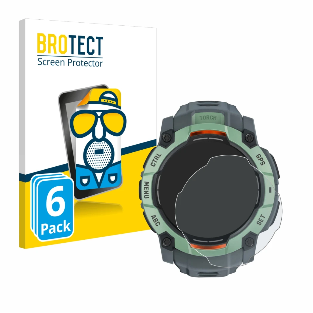 Front side of a product packaging with the brand logo BROTECT. Next to it is the device Garmin Instinct 3 AMOLED (45 mm) shown
