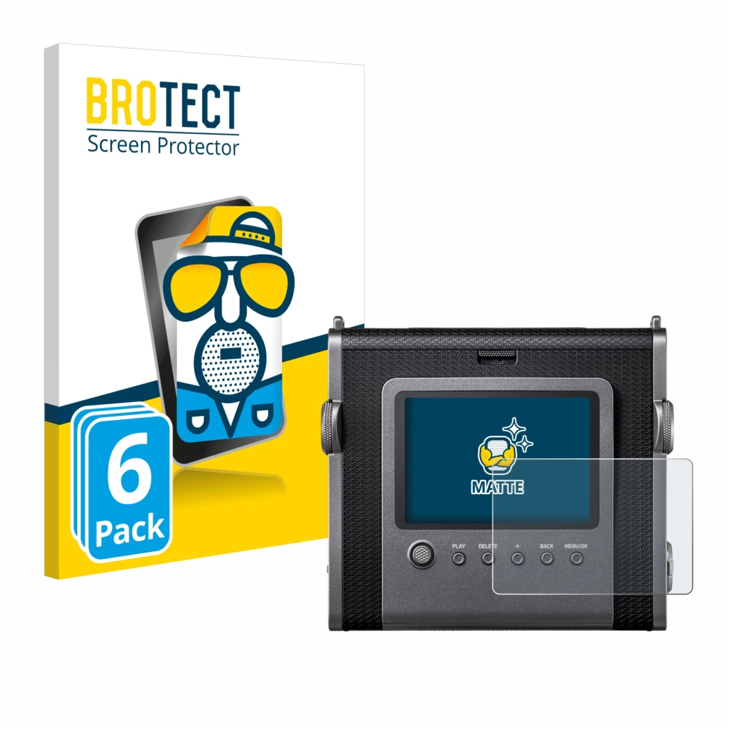 Front side of a product packaging with the brand logo BROTECT. Next to it is the device Fujifilm Instax Wide Evo shown with th