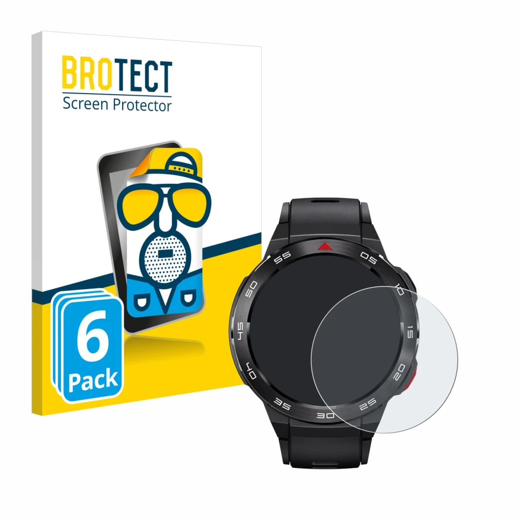 Front side of a product packaging with the brand logo BROTECT. Next to it is the device Xiaomi Mibro GS Pro shown with the cor