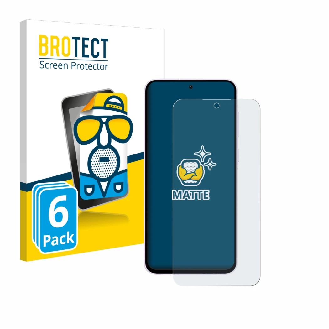 Front side of a product packaging with the brand logo BROTECT. Next to it is the device Samsung Galaxy A56 5G shown with the c