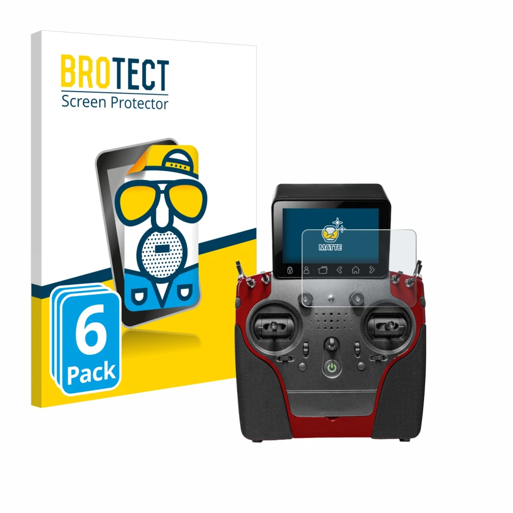Front side of a product packaging with the brand logo BROTECT. Next to it is the device PowerBox Systems Atom shown with the c