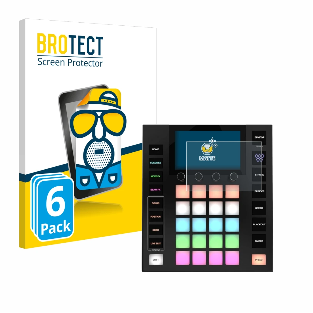 Front side of a product packaging with the brand logo BROTECT. Next to it is the device Wolfmix W1 MK2 shown with the correspo