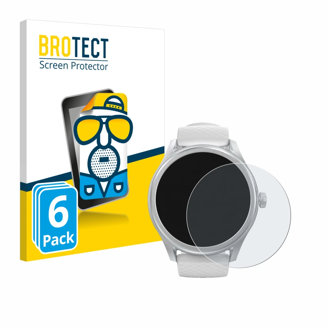 Front side of a product packaging with the brand logo BROTECT. Next to it is the device Hama Smartwatch 5010 shown with the co