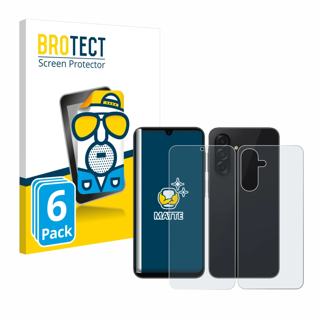 Front side of a product packaging with the brand logo BROTECT. Next to it is the device Samsung Galaxy A26 5G (Front+Back) sho