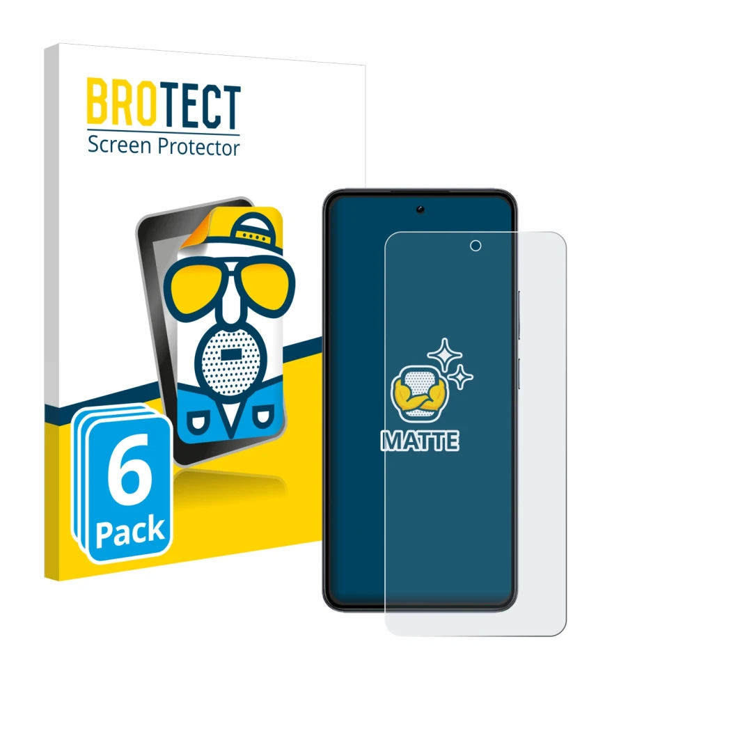 Front side of a product packaging with the brand logo BROTECT. Next to it is the device realme 14 shown with the corresponding