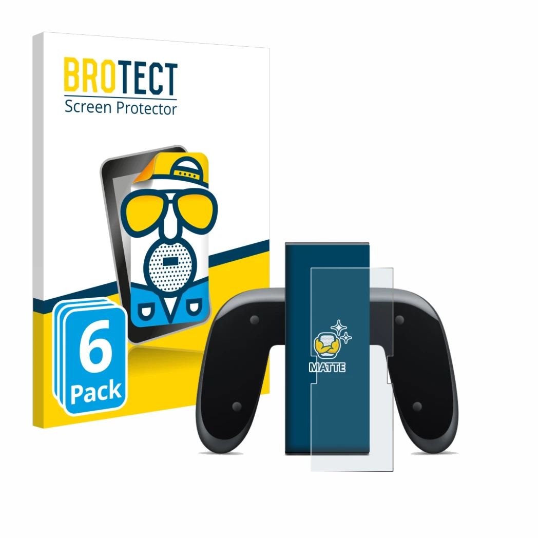 Front side of a product packaging with the brand logo BROTECT. Next to it is the device Nintendo Switch 2 Joy-Con 2-Holder sho