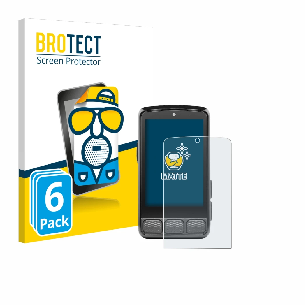 Front side of a product packaging with the brand logo BROTECT. Next to it is the device Wahoo Elemnt Roam 3 shown with the cor