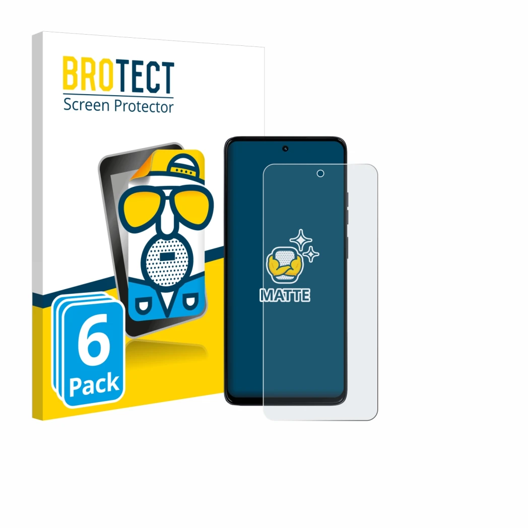 Front side of a product packaging with the brand logo BROTECT. Next to it is the device Motorola Moto G56 shown with the corre