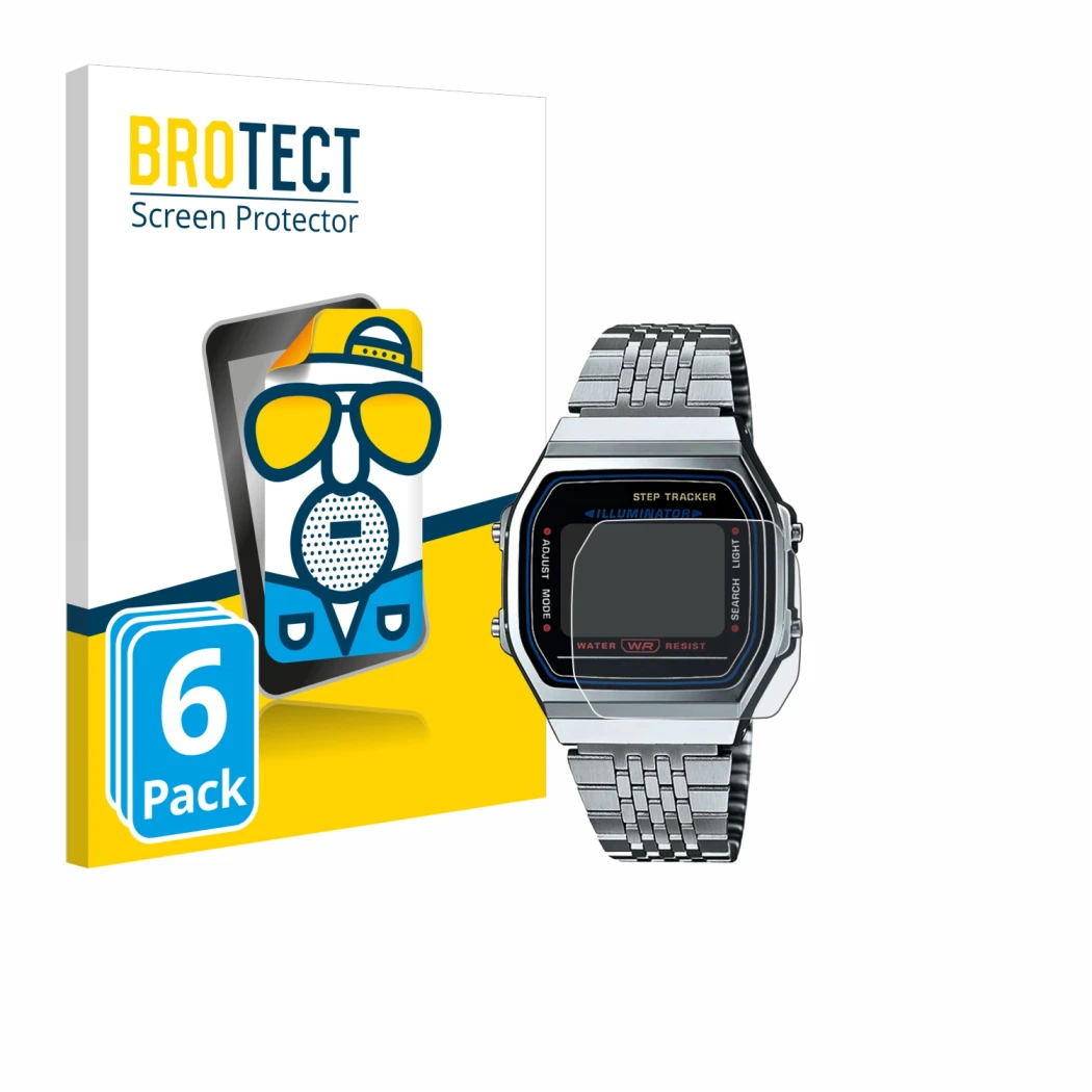 Front side of a product packaging with the brand logo BROTECT. Next to it is the device Casio iconic ABL-100WE-1A shown with t