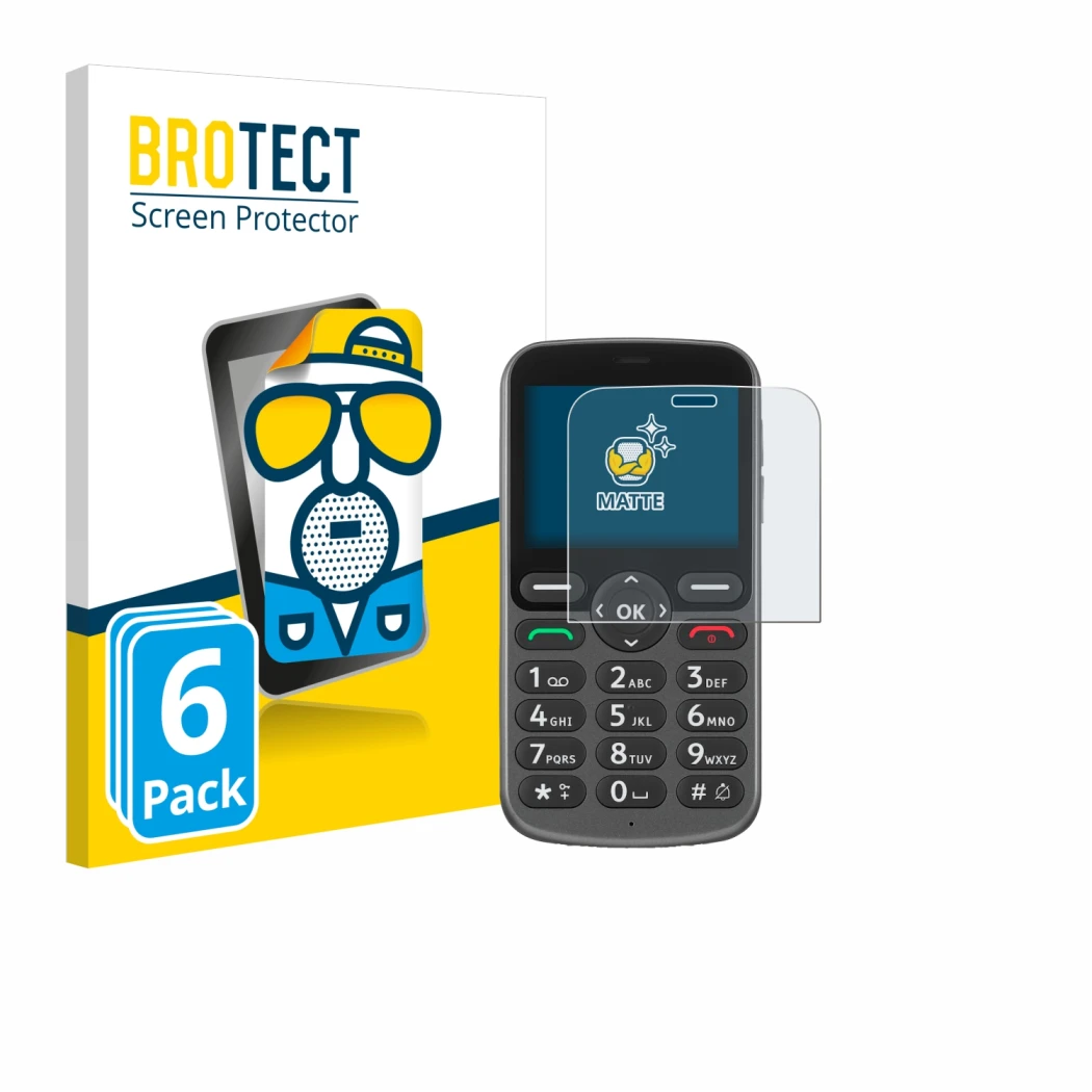 Front side of a product packaging with the brand logo BROTECT. Next to it is the device Doro 1380 shown with the corresponding