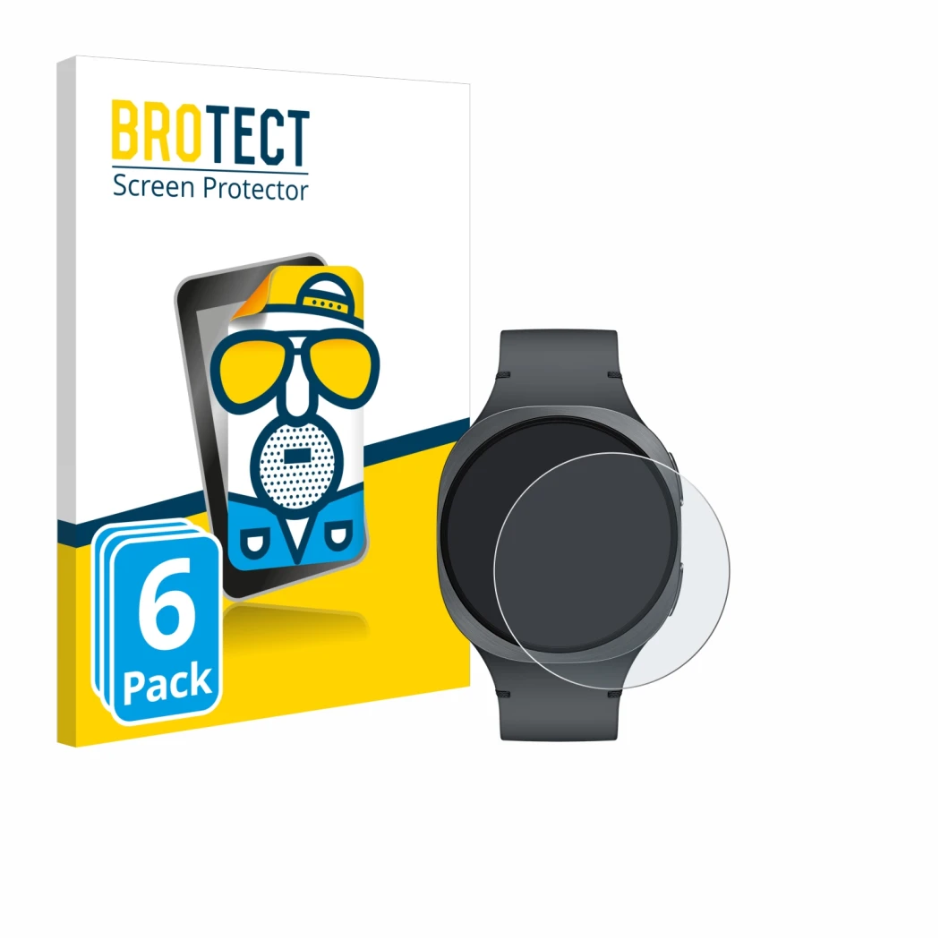 Front side of a product packaging with the brand logo BROTECT. Next to it is the device Samsung Galaxy Watch 8 (40 mm) shown w