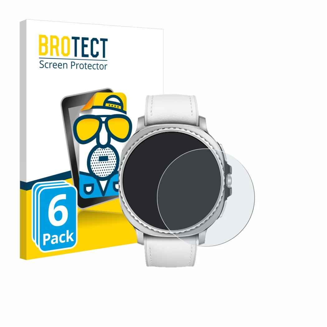 Front side of a product packaging with the brand logo BROTECT. Next to it is the device Samsung Galaxy Watch 8 Classic (46 mm)
