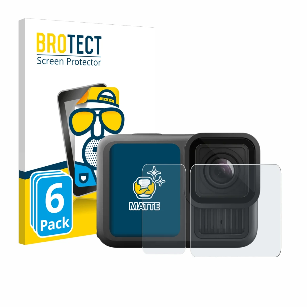 Front side of a product packaging with the brand logo BROTECT. Next to it is the device GoPro Hero 13 Black Ultra Wide Edition