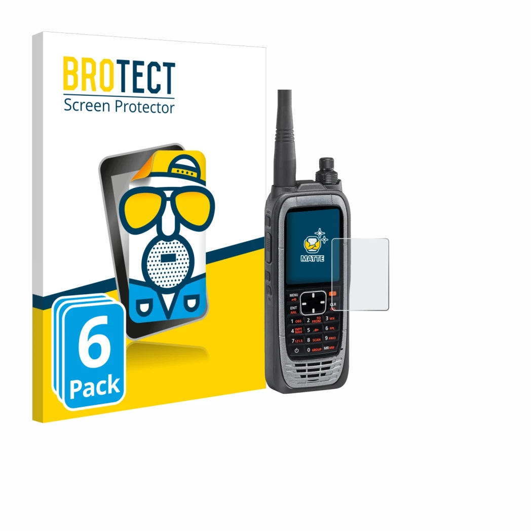 Front side of a product packaging with the brand logo BROTECT. Next to it is the device Icom IC-A25NE /IC-A25CE shown with the