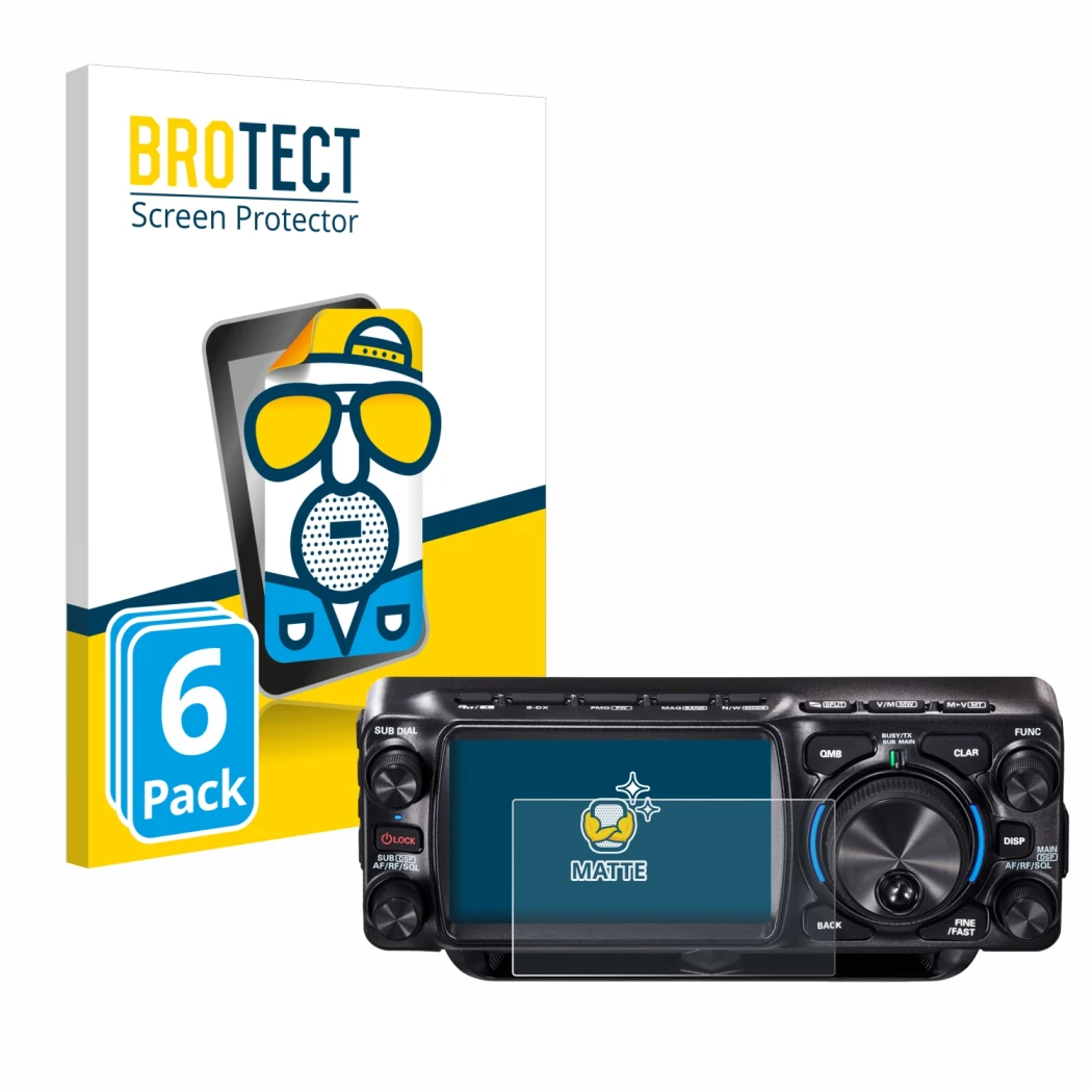 Front side of a product packaging with the brand logo BROTECT. Next to it is the device Yaesu FTX-1 shown with the correspondi