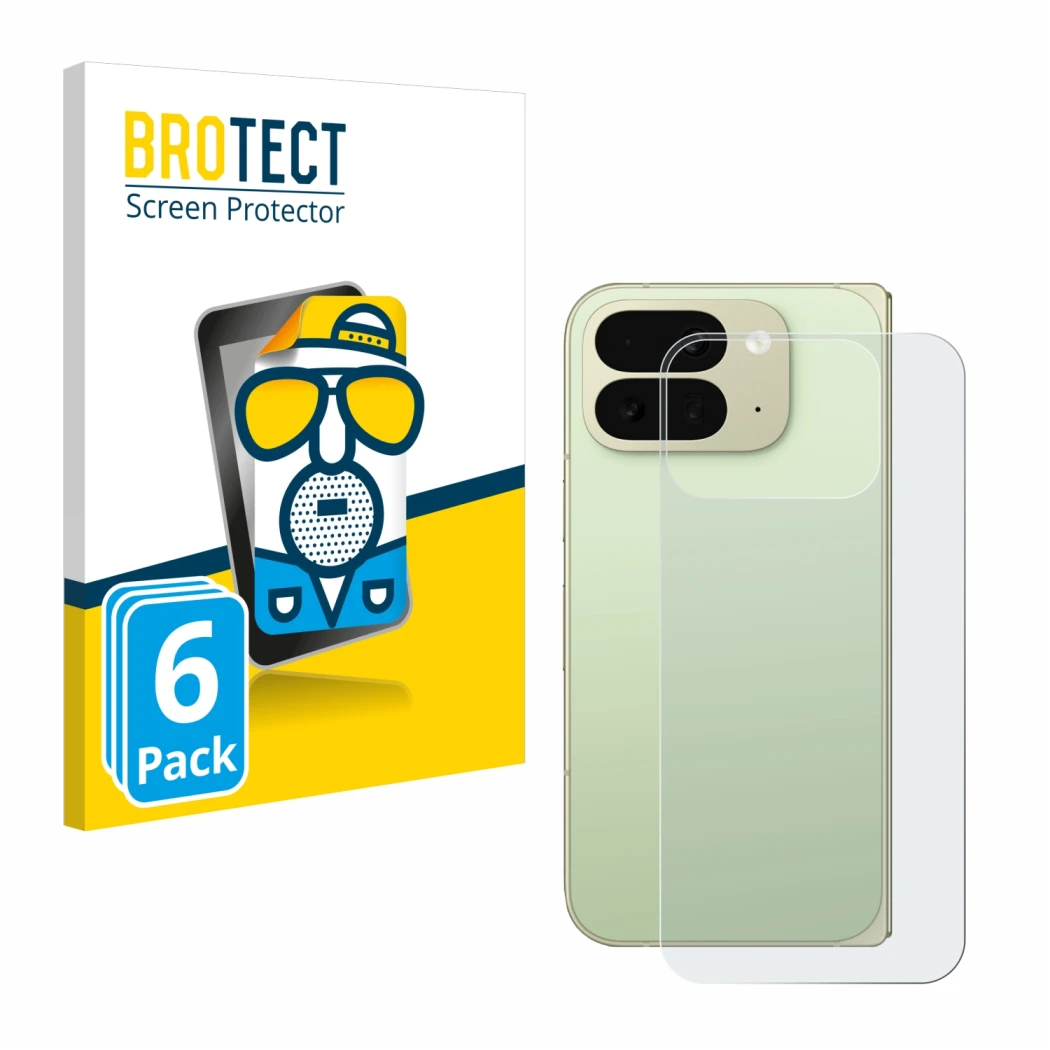 Front side of a product packaging with the brand logo BROTECT. Next to it is the device Google Pixel 10 Pro Fold (Back) shown