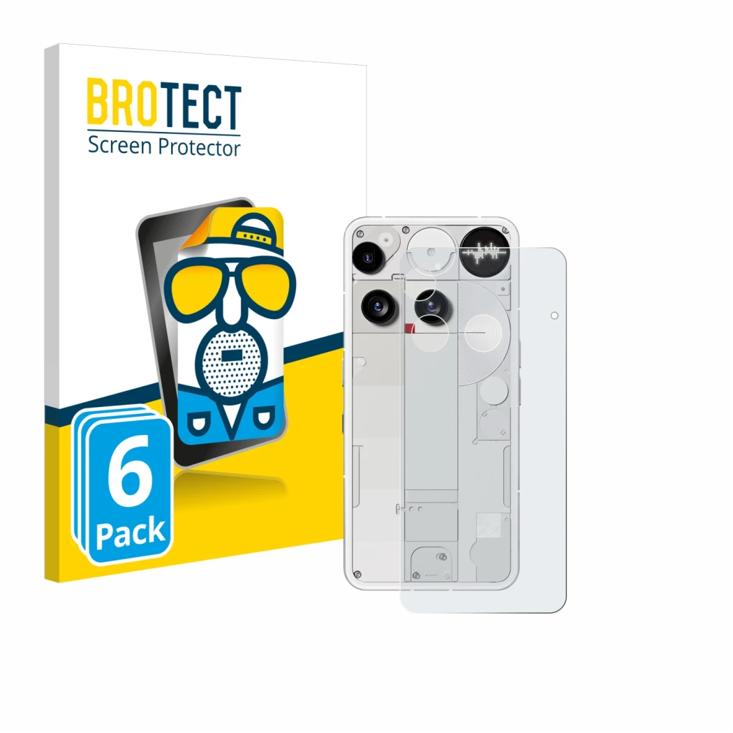 Front side of a product packaging with the brand logo BROTECT. Next to it is the device Nothing Phone (3) (Back) shown with th