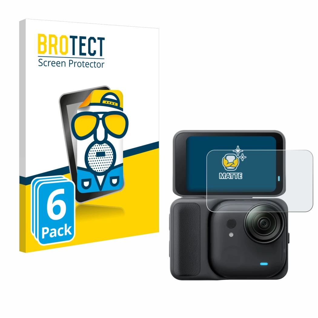 Front side of a product packaging with the brand logo BROTECT. Next to it is the device Insta360 Go Ultra shown with the corre