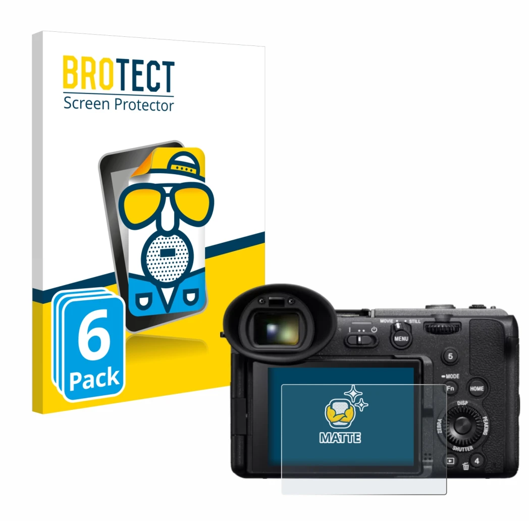 Front side of a product packaging with the brand logo BROTECT. Next to it is the device Sony Cinema Line FX2 shown with the co