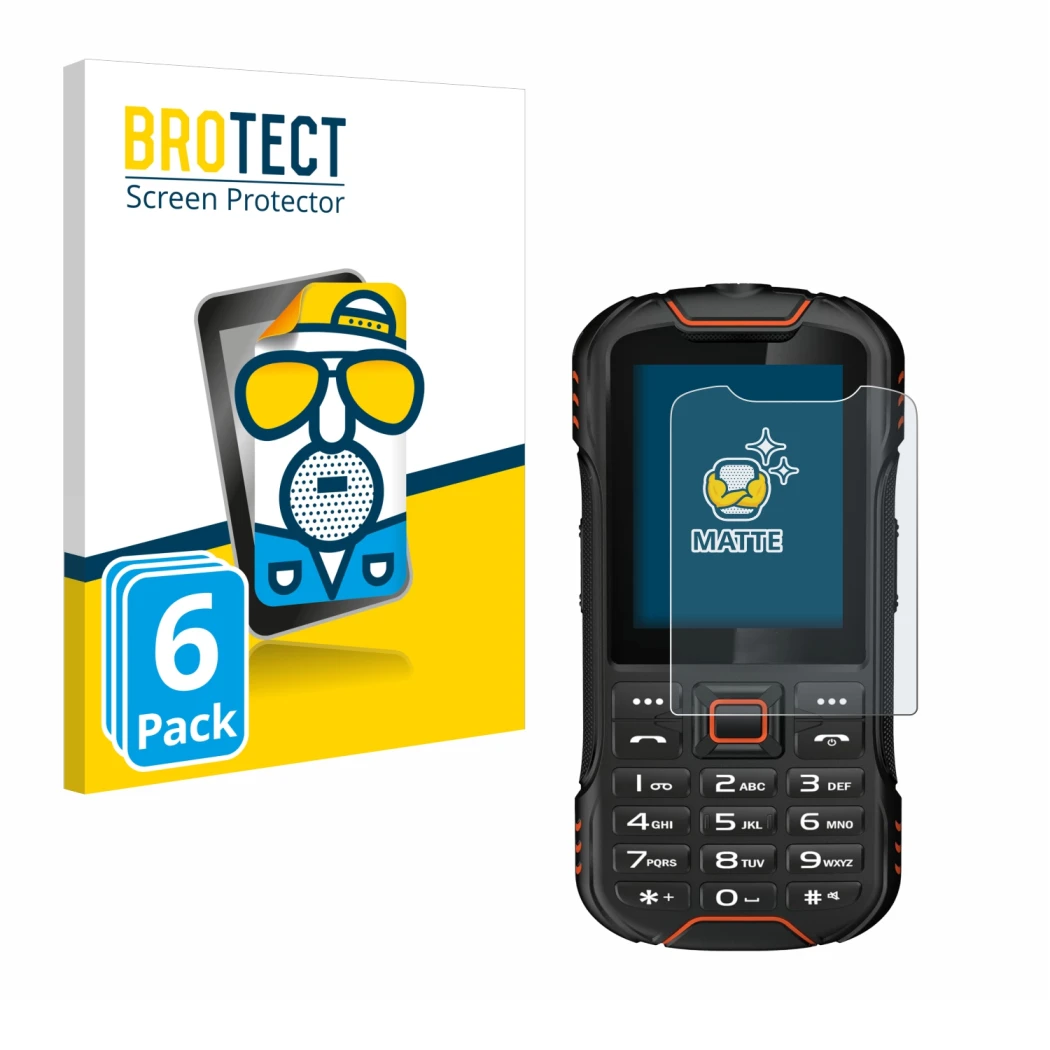 Front side of a product packaging with the brand logo BROTECT. Next to it is the device Gigaset GLX8 shown with the correspond